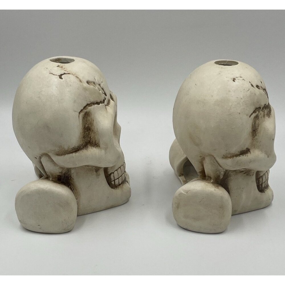 Vintage Halloween Decor Ceramic Set 2 Skull Candle Holders - Picture 4 of 12
